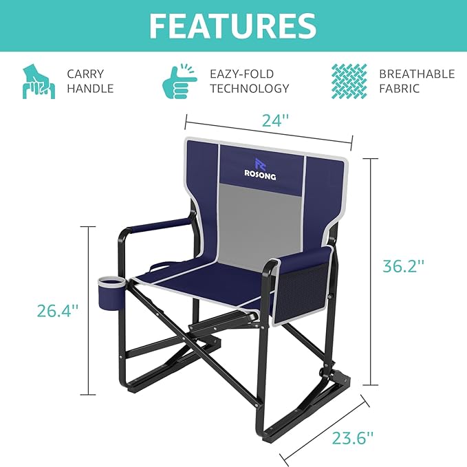 Rocking Camping Chair Rocker, Folding Chair Lawn Chairs with Cup Holders Foldable Outdoor Freestyle Navy Blue
