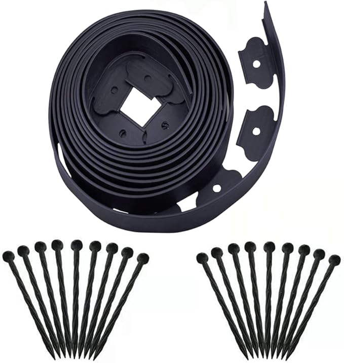 Garden Edging，20ft Landscape Edging with 20 Spikes for Lawn 2 Inch Tall(Black, 20FT)