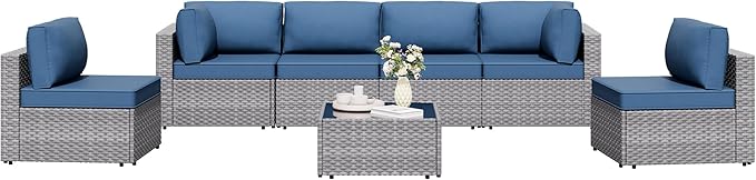 Shintenchi 7 Pieces Outdoor Patio Furniture Sets, Patio Sectional Sofa Couch, Silver Gray PE Wicker Furniture Modular Patio Conversation Sets Patio Sofa with Washable Cushions & Coffee Table (Blue)