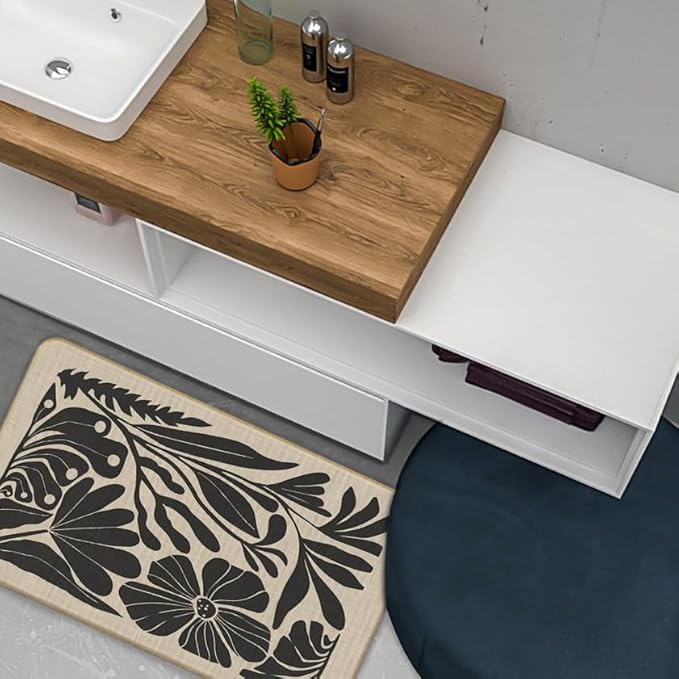 Boho Beige and Black Floral Door Mat - Bohemian Neutral Floral Front Door Welcome Mats Outdoor Entrance, 17x30 Rug
