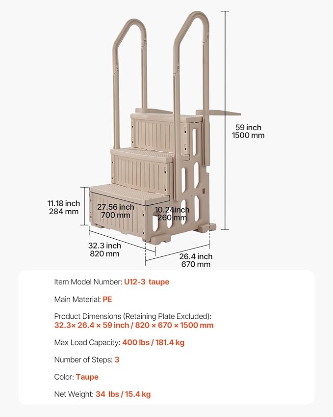 VEVOR Swimming Pool Ladder, 3-Step Double Handrails Stairs with Non-Slip Heavy Duty Steps, Max Load Capacity 400 lbs, for 36-48 Inch Inground & Above-Ground Pools of Any Decking Surface, Taupe