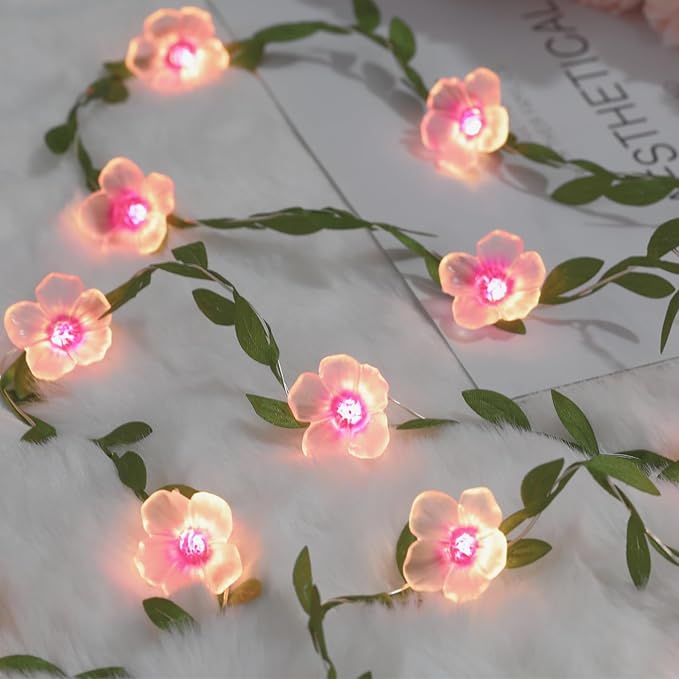 Cherry Blossom Vine Lights 13ft 40 LED Flower String Lights USB Plugin & Battery Operated Fairy Lights with Timer 8 Modes Remote Decorative Light for Bedroom Wedding Party - 1 Pack