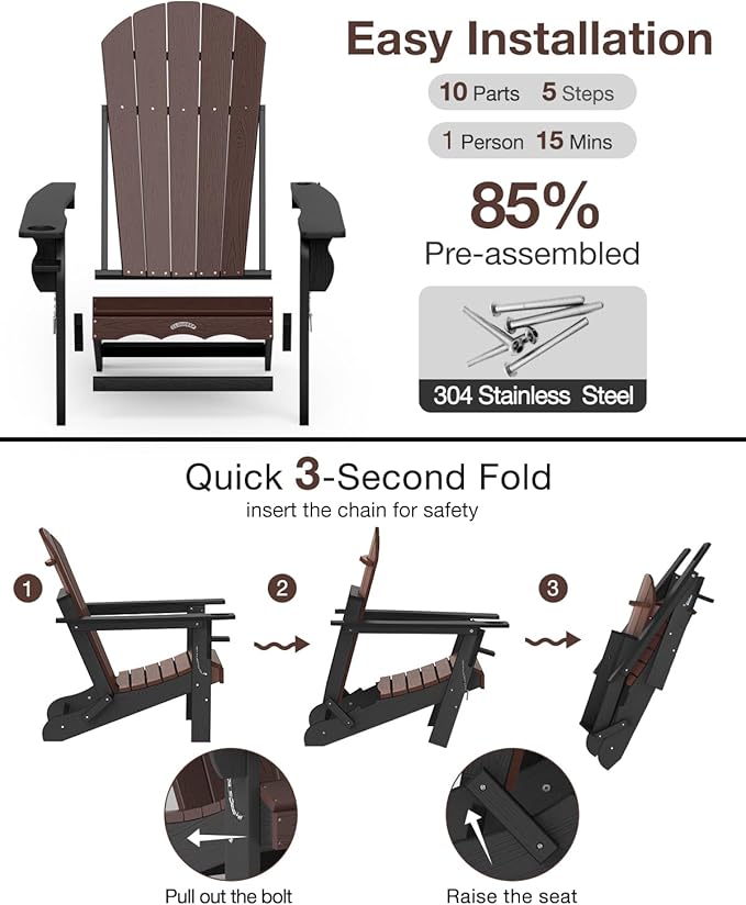Folding Adirondack Chair –Recyclable HDPE Outdoor Adirondack Patio Chair with Cup Holder, Wood Texture & Umbrella Hole, 25-Year Fade-Free All Weather for Fire Pit, Porch, Poolside, Deck, Brown & Black