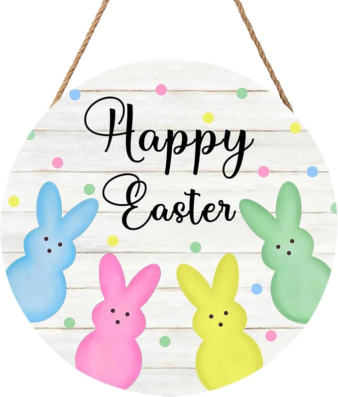 Anyako Happy Easter White Door Sign For Front Door Decor,Cute Bunny Colored Polka Dots Wooden Sign 12"x 12" Round Hanging Spring Door Sign Decoration for Wall Rustic Decor