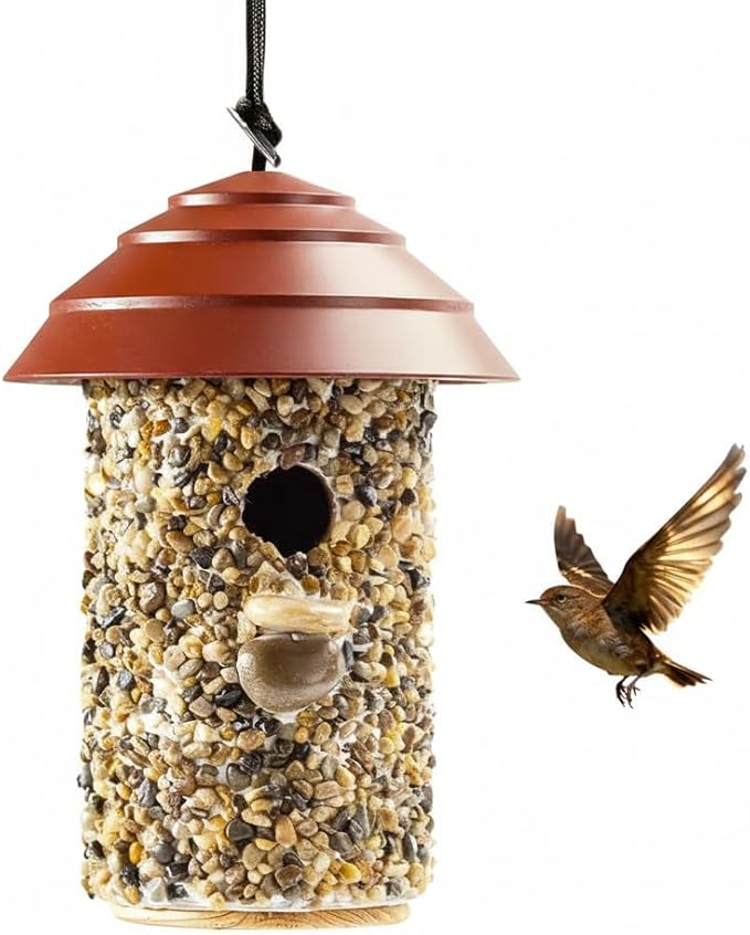 Outdoor Wren Bird House with River Pebble Composite Roof – Decorative Wooden Nesting Box for Wrens, Finches & Small Songbirds – Weather-Resistant Hanging Backyard Habitat,10 Year Lasting (Red)
