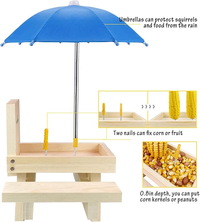 MIXXIDEA Squirrel Feeder Table with Umbrella, Wooden Squirrel Picnic Table Feeder, Sturdy Squirrel Feeder Corn Cob Holder, with Solid Structure and 2 x Thick Benches(Blue)