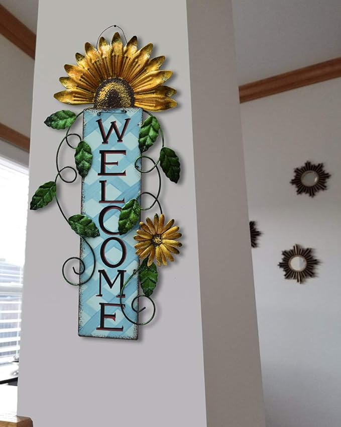 Door Decoration Metal Flower Welcome Sign Wall Hanging Decorations for Spring Summer Front Porch Door Hanger Rustic Home Indoor Outdoor Decor