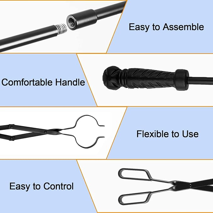 2Pcs Fire Poker and Fire Tongs Set, 32 inch Long Fireplace Poker Stick and 25 Inch Campfire Fireplace Tongs, Log Grabber Fire Pit Tools for Fireplace Wood Stove, Campfire, Bonfires, Indoor & Outdoor