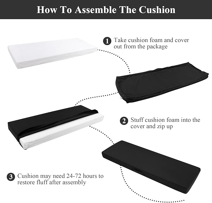 SHACOS Outdoor Bench Cushions 48 x 16 Inch, 3.2 Inch Thick High-Density Bench Cushion, Waterproof & Fade-Resistant Removable Cover with Ties, Bench Seat Cushions for Patio Garden Furniture, Black