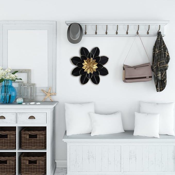 hogardeck Metal Flower Wall Decor, 16" Black & Gold Floral Metal Wall Art for Indoor Outdoor, Boho Modern Wall Decor for Bathroom, Living Room, Kitchen, Bedroom, Porch, Garden, Yard