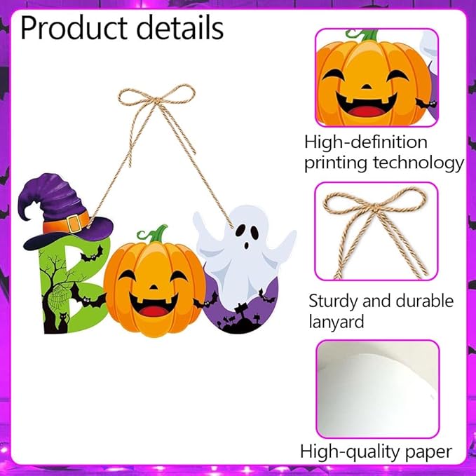 Halloween BOO Decorations Cute Pumpkin & Ghost Hanging Sign Front Door Hanger Wreath Decor Indoor Outdoor Decor for Halloween Party Home Farmhouse Wall Porch Yard Window Decoration Supplies