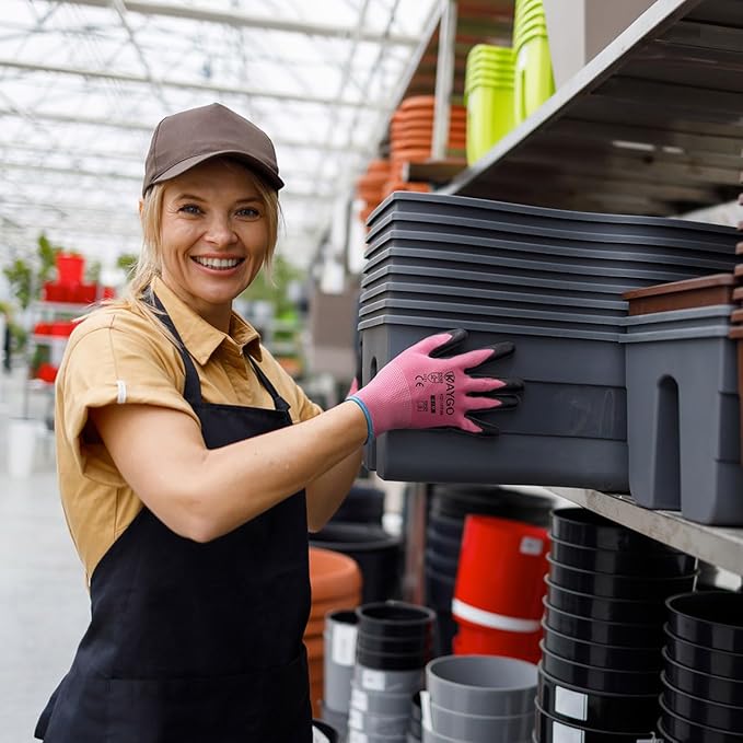 KAYGO Safety Work Gloves PU Coated-12 Pairs, KG11P Seamless Knit Glove with Polyurethane Coated Smooth Grip on Palm & Fingers, for Men and Women, Ideal for General Duty Work,Pink,Large