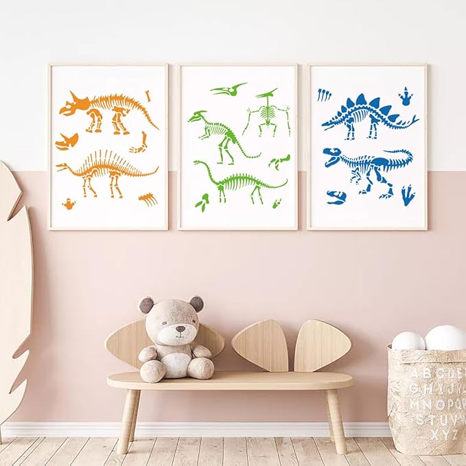 MAYJOYDIY 3pcs Dinosaur Skeleton Stencil Template Stegosaurus Triceratops Tyrannosaurus Rex Stencils 11.8×11.8inch with Paint Brush Dinosaur Footprint Stencils for Painting DIY Craft Window Wood