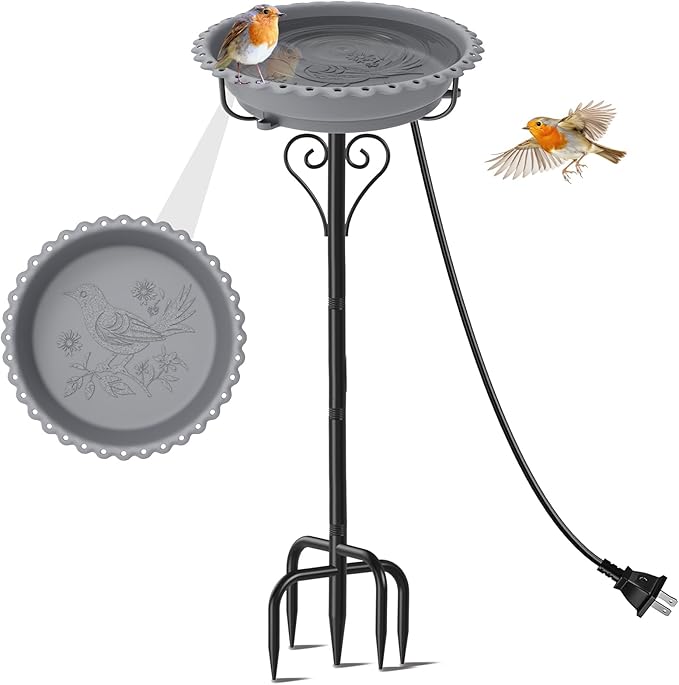 Heated Bird Bath for Outside Winter, Powerful 100W Thermostat Control Water Heated BirdBaths Bowl for Outdoors with 5-Prong Metal Base Heated Bird Bath for Garden Patio Yard Lawn (Gray)