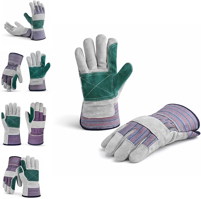 Giorgino Cow Split Leather Work Gloves Double Palm Pack of 5 for Men & Women, Gardening Gloves with Reinforced Fingertips, Knuckle Guard & Safety Cuff
