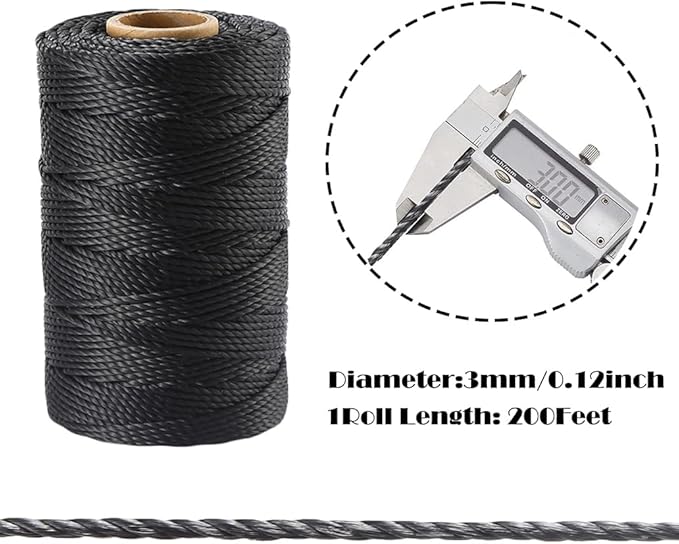Black Nylon Twine, 200ft 3mm UV Resistant Nylon Cord Twine for Garden, Fishing, Wrapping, Camping and Outdoor Survival, Netting Home Improvement