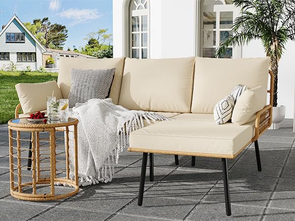 IDEALHOUSE 3-Piece Patio Furniture Set, All Weather Rattan Sofa with Tempered Glass Coffee Table and Thick Cushions, Sectional L-Shaped Patio Furniture for Deck, Poolside, Backyard, or Porch, Beige