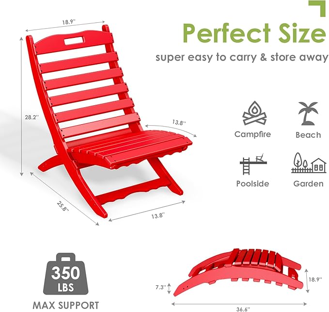GREENVINES Folding-Xavier-Chair | Wave | Portable Adirondack-Chairs | HDPE Plastic | All Weather Fire-Pit Chair | Red | for Beach Outdoor Deck Poolside Garden Patio Porch Fishing