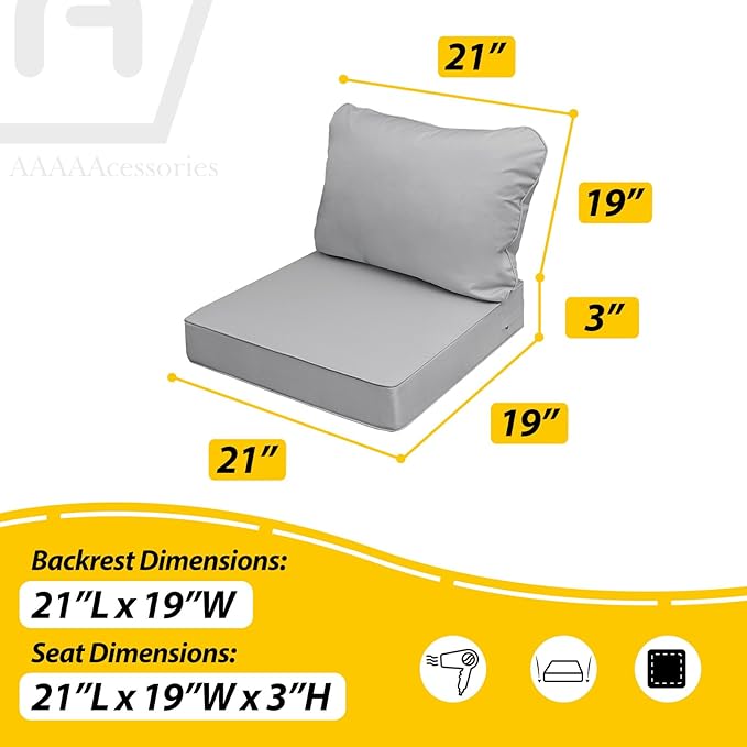 AAAAAcessories Outdoor Seat Cushions for Chairs, Fade-Resistant, Waterproof Patio Furniture Replacement Cushions, 21" x 19" x 3" + 21" x 19", Set of 4, Gray