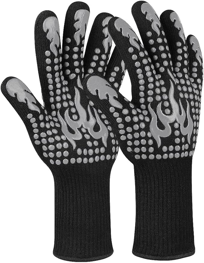 BBQ Gloves, Heat Resistant Gloves for Cooking, Non-Slip Grill Oven Mitts, 1472°F Extreme Heat Resistant Silicone Grilling Gloves for Barbecue, Frying, Baking, 1 Pair (Gray)