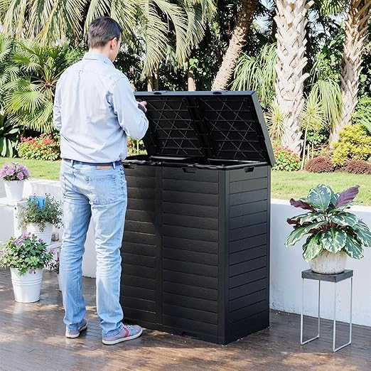 62 Gallon Outdoor Double Trash Can, Waterproof Trash Can Cabinet for Outside, Resin Garbage Bin with Lid and Drip Tray for Easy Cleaning for Patios, Kitchens（Black）