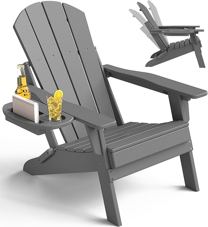 Adjustable Adirondack Chair with Cup Holder, All Weather HDPE Fire Pit Chairs for Deck, Backyard, Patio, Grey