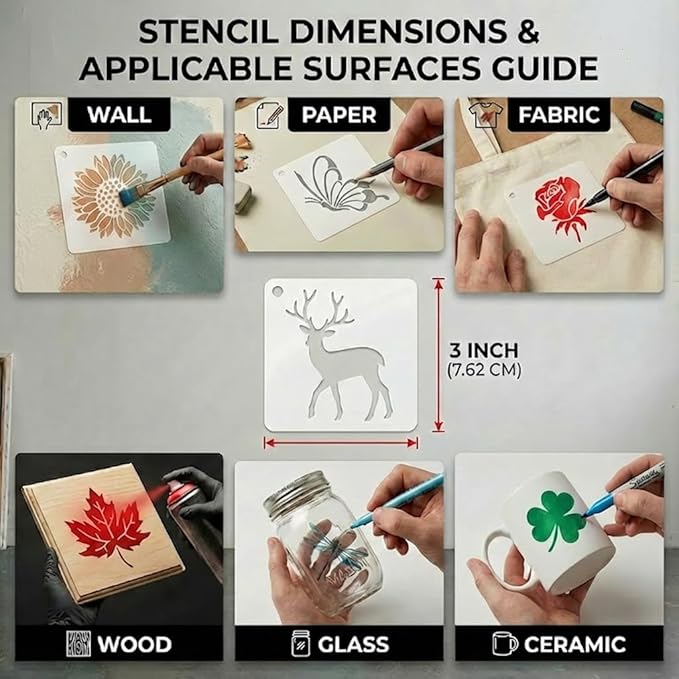 72 PCS Flower Stencils for Painting, Stencils for Crafts Reusable 3 x 3 Inch Floral Butterfly Bee Templates for Journals Rocks Gift Bags and Mini Canvas