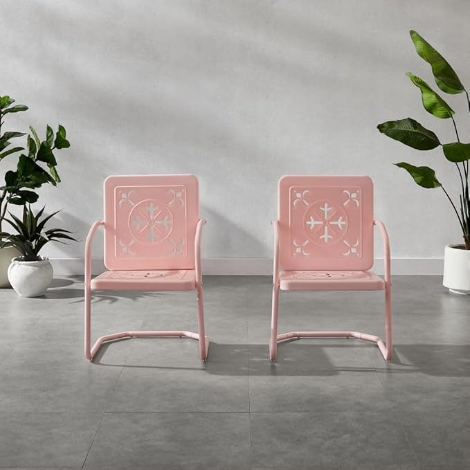 Crosley Furniture Azalea 2-Piece Outdoor Chair Set, Vintage Retro Metal Patio Chairs for Dining, Porch, Deck, Pastel Pink Gloss