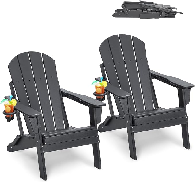 VEVOR Folding Adirondack Chairs Set of 2 with Cup Holder, All-Weather Portable Plastic Fire Pit Chair, Outdoor Adirondack Patio Chair, with Relaxing Arm Rest Ergonomic, for Garden, Backyard, Gray
