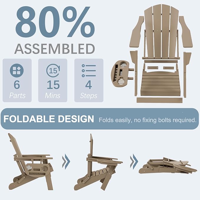 Adirondack Chair Set of 8, HDPE Folding Adirondack Chair with Multifunctional Cup Holder, Weather Resistant Fire Pit Chair for porches, patios, poolsides, Decks.