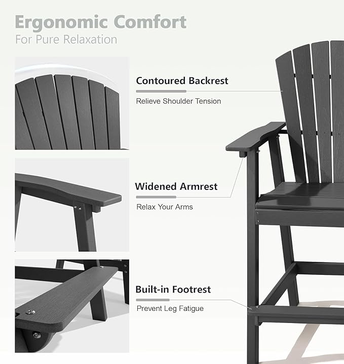 PASAMIC Tall Adirondack Chair Set of 2, All-Weather HDPE Outdoor Chairs with Removable Double Trays, Bar Height Adirondack Chairs for Balcony, Deck, Patio, Backyard, Dark Gray