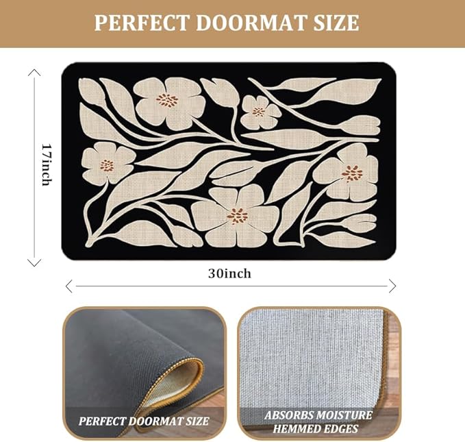 Boho Beige and Black Floral Door Mat - Bohemian Neutral Floral Front Door Welcome Mats Outdoor Entrance, 17x30 Rug