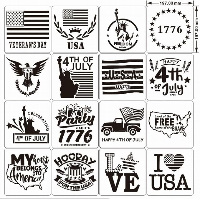 16 pcs Independence Day Stencils Reusable,8x8 4th of July Stencils for Painting American Flag Stencil for Scrapbooking Drawing Wall Floor Decoration DIY Painting Projects (Independence Day-16pcs)