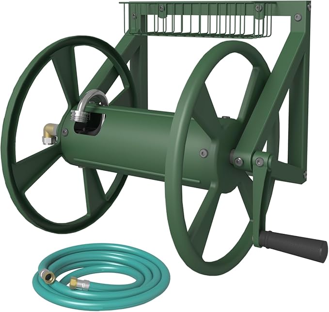 Triangle Wall Mounted Garden Hose Reel, Outdoor Heavy-Duty Water Hoses Holder Winder, Holds 125 Ft of 5/8-Inch Hose, with 3.9 ft Leader Hose, Brass Fitting, Storage Basket for Yard, Green