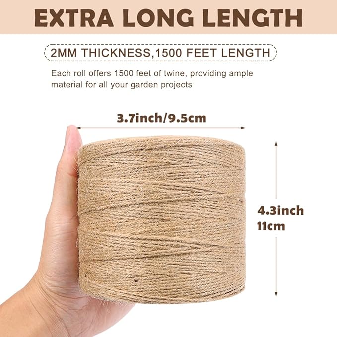 Tenn Well Natural Jute Twine, 1500 Feet 2mm Garden Twine, Brown Jute String for Arts and Crafts, Gardening, Gift Wrapping, Bundling, Recycling, Holiday Decorations