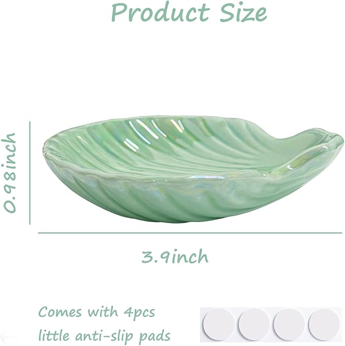 Ceramic Shell Ring Holder Dish, Small Shell Trinket Dish, Beachy Jewelry Plate for Earrings Necklace Valentine's Mother's Day Christmas Birthday Gifts for Women, 3.9", Ice Green Iridescent Surface