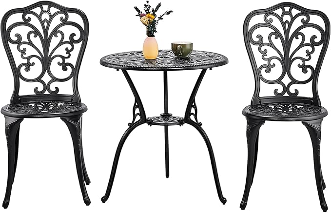 VINGLI 3 PCS Outdoor Bistro Set, Outdoor Patio Set, All-Weather Cast Aluminum Bistro Table Set, Bistro Table and Chairs Set of 2 for Backyard, Garden, Balcony (Black, Butterfly)