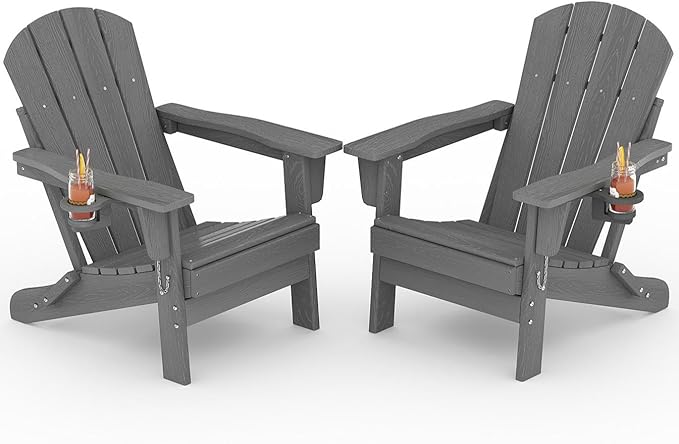 Folding Adirondack Chair Set of 2, All-Weather HDPE Outdoor Chair, Wooden Textured with Cup Holder for patios, Decks, Gardens, fire pits, Grey