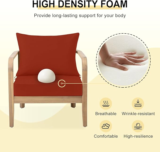 downluxe Outdoor Chair Cushions 24x24 with Removable Cover, Waterproof Patio Furniture Cushions, Deep Seat Cushions for Outdoor Furniture with Backrest for Sofa, Couch and Patio Chairs, Brick Red