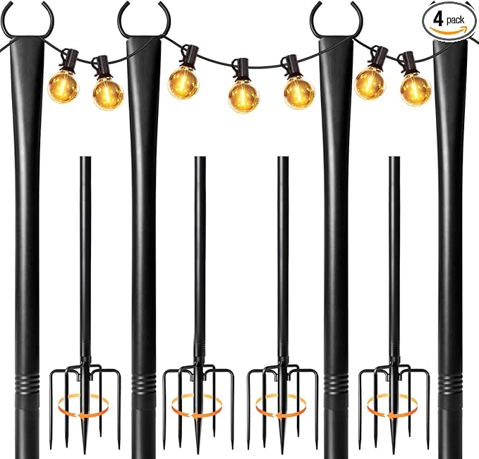 4 Pack String Light Poles for Outside, Heavy-Duty Metal Light Poles for Outdoor String Lights with Fork, Adjustable Lighting Accessories for Patio Decor Backyard Yard Pergola Garden Decorations