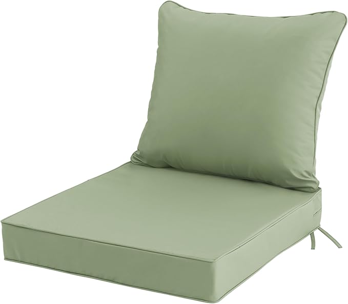 22x22 Inch Patio Chair Cushion with Removable Cover, Outdoor Furniture Cushion - Water-Repellent, Fade-Resistant, Non-Slip Bottom & Straps, Replacement for Lawn, Porch & Deck Chair - Sage Green