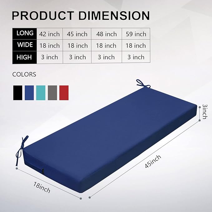 idee-home Outdoor Bench Cushion Waterproof, Bench Cushions for Outdoor Furniture, Patio Porch Swing Replacement Seat Pad with Ties for Garden Backyard, 36 x 18 Inch