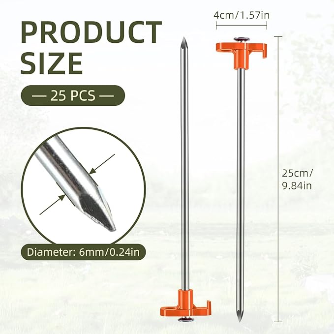 25 Pack Tent Stakes Heavy Duty 10 Inch Camping Stake Yard Stakes Metal Tent Pegs for Ground Stake Spikes for Camping Garden Yard (Orange)
