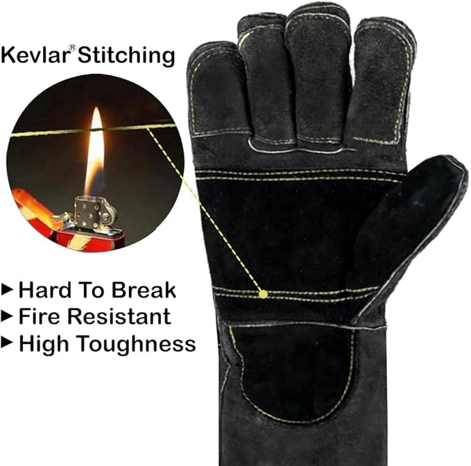 Welding/BBQ Leather Gloves, 16 Inches, Black-Gray, Heat/Fire Resistant, Mitts for Oven/Grill/Fireplace/Furnace/Stove/BBQ/16 inches Extra Long Sleeve