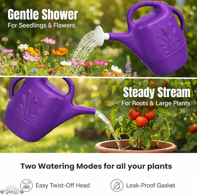PMU 2 Gallon Watering Can - Garden Watering Can for Indoor & Outdoor Plants - Plastic Water Can with Detachable Sprinkler Head - Large Water Pot, Made in USA - Purple Pkg/1