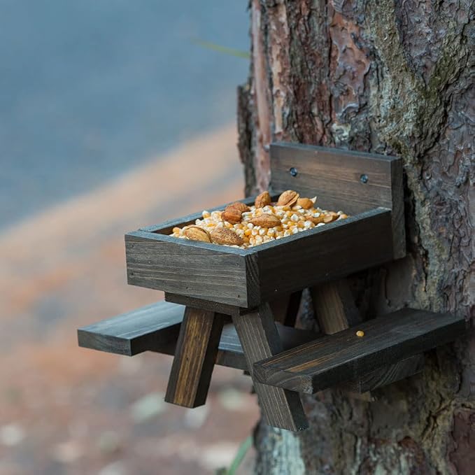 BalterFF Squirrel Feeder for Outside Yard Games Funny Peanuts in Shell for Picnic Table House Garden Decor Chipmunk Bench Corn Cobs Holder Chipmunk Squirrel Gifts for Squirrel Lovers Wooden