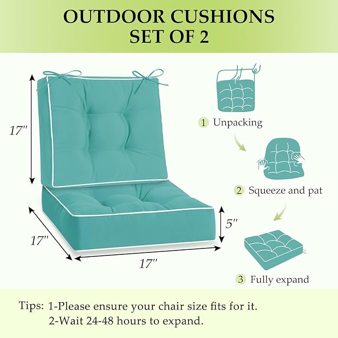 HARBOREST Outdoor Chair Cushions Set of 2, Tufted Patio Chair Cushions with Ties, Square Corner Outdoor Cushions for Patio Furniture, Lawn Chairs, Wicker Chairs, 17" x 17" x 5", Teal
