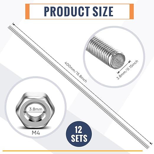 LEIFIDE 8/32 Inch 4mm Threaded Rod with Hex Nuts 4mm Stainless Steel Threads Studs Rods Stainless Steel Fully Threaded Hex Nuts for Beaded Garden Stake Rods(24 Pcs,16 Inch)