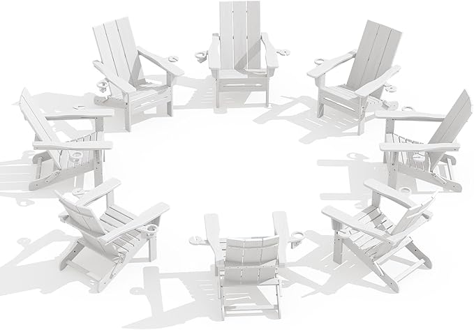SERWALL Modern Folding Adirondack Chair Set of 8, All Weather Resistant Outdoor Adirondack Chair with Cup Holders, HDPE Adirondack Chair for Patio Lawn Garden, White