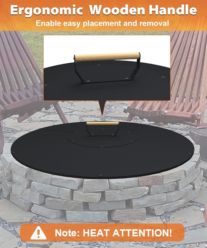 32" Wooden-Handle Fire Pit Lid for Pits up to 30", Round Metal Bonfire Pit Burner Pan Cover, Smokeless Fire Pit Cover for Fire Tables, All-Weather Resistance Outdoor Firepit Accessory